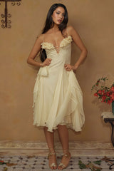 Thadt Yellow Strapless Mesh Midi Dress