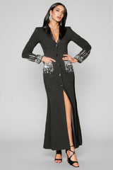 Zeno Deep-V Diamond Suit High Slit Maxi Dress