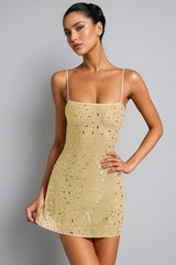 Rowtly Yellow Sheer Square-Neck Mini Dress