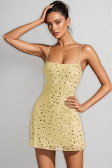 Rowtly Yellow Sheer Square-Neck Mini Dress