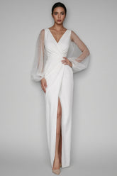 Carlotta White Deep V-Neck Slit Maxi Dress