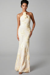 Jacova Flower Halter Embroidery Maxi Dress
