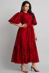 Kale Embroidered Lace Belted Midi Dress