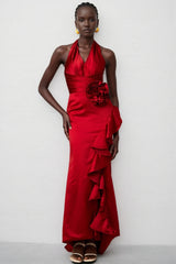 Caiusa Red 3D Floral Ruffle Maxi Dress