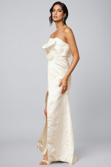 Jiusi White Floral Appliqued Satin Maxi Dress