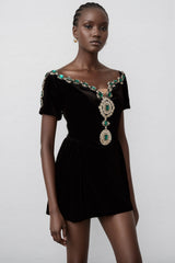 Ivy Black Velvet Embellished Mini Dress