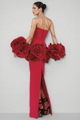 Huxen Red Backless Plunge 3D Floral Maxi Dress