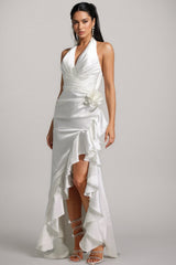 Mirisan Halter V-Neck Flowers Flounce Maxi Dress