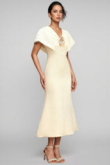 Talisd V-Neck Flower Folds Fishtail Midi Dress