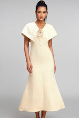 Talisd V-Neck Flower Folds Fishtail Midi Dress