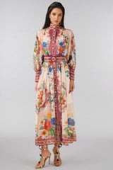 Nichob Stand Collar Lantern Sleeve Midi Dress