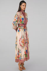 Nichob Stand Collar Lantern Sleeve Midi Dress