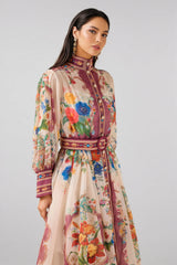 Nichob Stand Collar Lantern Sleeve Midi Dress