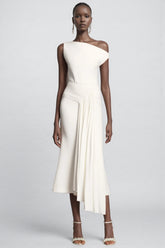 Lyriclt White Ruched One Shoulder Midi Dress