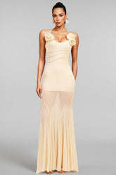 Orialk 3D Flower Halter Neck Mesh Maxi Dress