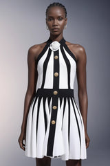 Yairf Flower Halter Stripes Mini Dress