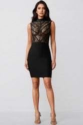 Zaroe Round Collar Sleeveless Lace Bandage Mini Dress
