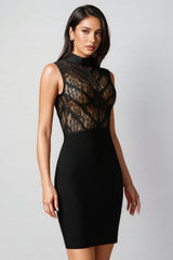 Zaroe Round Collar Sleeveless Lace Bandage Mini Dress