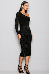 Tine Single Shoulder Long Sleeves Diamond Midi Dress