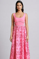 Okama Square Collar Diamond Lace Maxi Dress