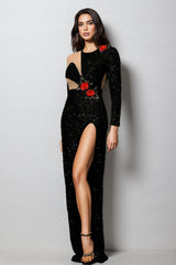 Reyna Flowers Sequins Slit Maxi Dress