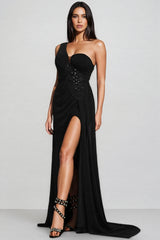 Hryonth One Shoulder Diamond Slit Maxi Dress
