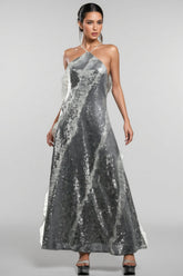 Coler Halter Sequins Ruffled Maxi Dress