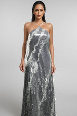 Coler Halter Sequins Ruffled Maxi Dress