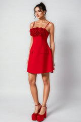 Thisbe 3D Flower Solid Square Neck Mini Dress