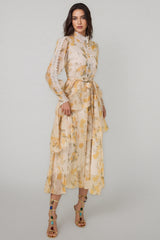 Leonasd Lace Splicing Chiffon Ruffle Midi Dress