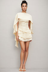 Lyssty White Shawl Panel Ruffled Satin Mini Dress