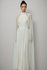 Xyvia Pearl Stand-up Collar Cap Sleeve Maxi Dress