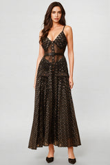 Ierra Black Polka Dot Pleated Midi Dress