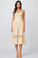 Adrienne Neutral Lace Trim Floral Midi Dress