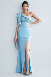 Denny Blue One-Shoulder Embroidered Maxi Dress