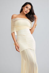 Vashad White Mesh Off Shoulder Maxi Dress