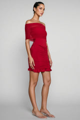 Elisd Red Slinky Mesh Off Shoulder Mini Dress