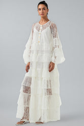 Wintk White Round Neck Lace Maxi Dress
