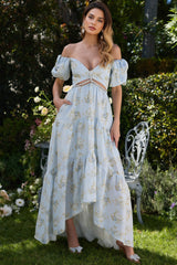 Wrenna Blue Printed V-Neck Maxi Dress