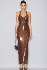 Oriond Brown Backless Sequin Maxi Dress