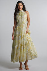 Thornty Yellow Printed Sleeveless Maxi Dress