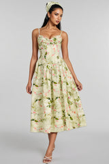 Raleign Green Floral Print Ruched Midi Dress