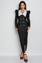 Vori Black Long Sleeve White Lapel Maxi Dress
