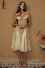 Thadt Yellow Strapless Mesh Midi Dress