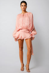 Niavia Pink Pleated Ruffle Hem Mini Dress