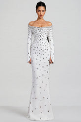Kania White Long Sleeve Beaded Maxi Dress