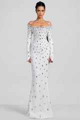 Kania White Long Sleeve Beaded Maxi Dress