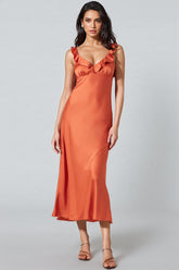 Thornet Satin Ruffle Midi Dress