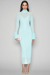 Abrife Blue Sheer Mesh Maxi Dress