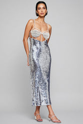 Zeitd Silver Sequin Backless Maxi Dress